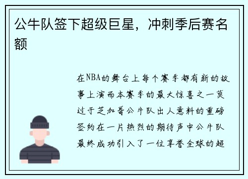公牛队签下超级巨星，冲刺季后赛名额