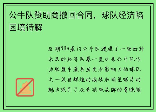公牛队赞助商撤回合同，球队经济陷困境待解